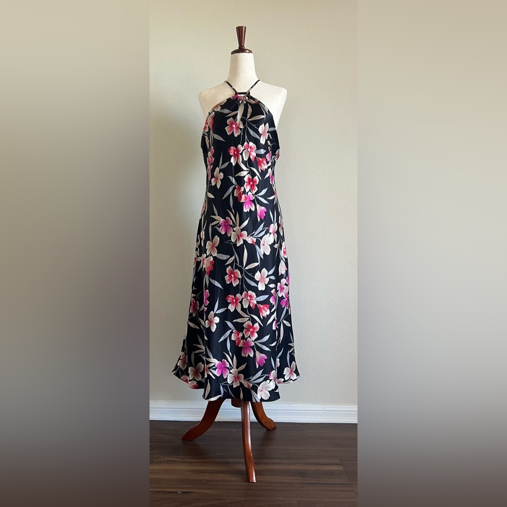 Gorgeous Planet Floral Silk Halterneck Dress Black and Pink 100% Silk - Picture 8 of 9